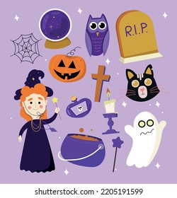 Happy Halloween design elements. Halloween design elements, pumpkin, ghost, cat, bat
