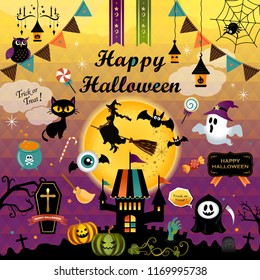 Happy Halloween design elements set. Halloween design icons, elements, logos, and objects. Vector illustration