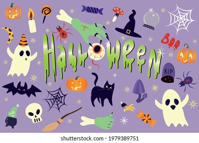 Happy Halloween design elements set. Pumpkin, ghost, zombie hand.Halloween lettering.Halloween symbols.