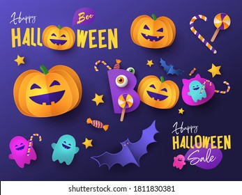 Happy Halloween design elements. Halloween symbols, logos, badges, labels, icons and objects. Cutest pumpkins, bats and candies isolated on dark sky background. Paper cut, digital craft style.