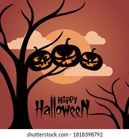 Happy Halloween Design with flying Pumpkin and moonlight vector illustration.