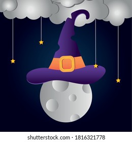Happy halloween design with full moon with witch hat over black background, vector illustration