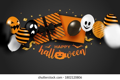 Happy Halloween. Design with gift box and balloons party on black background. vector.