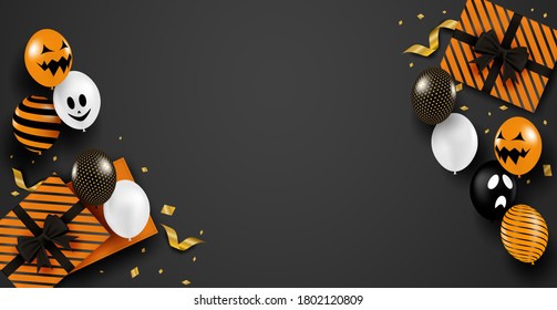 Happy Halloween. Design with gift box and balloons party on black background. vector.