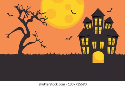 happy halloween design with horror castle and full moon over orange background, colorful design, vector illustration