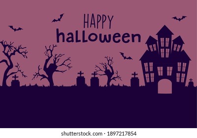 Happy halloween design with horror castle and cemetery silhouette over purple background, vector illustration