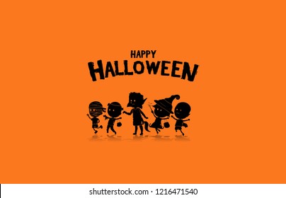 Happy halloween design with kids wearing halloween costume for trick and treat orange background. Vector design for invitation card, greeting card, poster and banner halloween celebration event