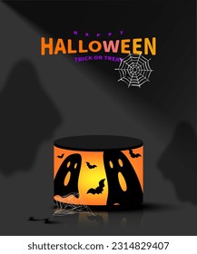 Happy Halloween design with lantern sphere, ghost silhouette, and spider on black room background. Halloween background. Vector illustration.