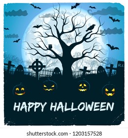 Happy halloween design with lanterns and cemetery on background with huge glowing moon and tree vector illustration
