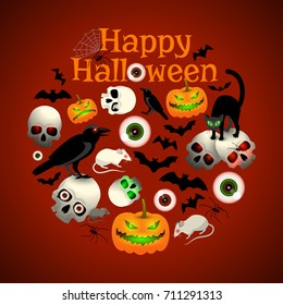 Happy halloween design with lanterns of jack skulls and eyes animals on red background vector illustration