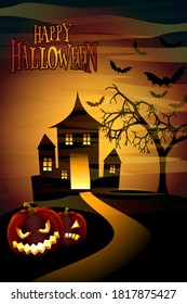 Happy Halloween design on a evening background of a castle, pumpkings and bats - Vector Illustration.