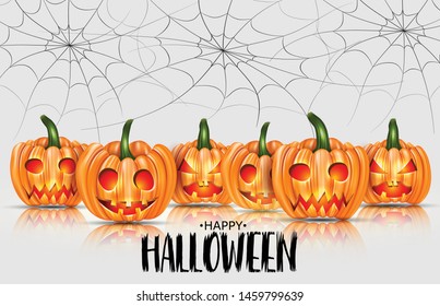 Happy Halloween design with orange pumpkins with gliwing faces and spider web on the background. vector illustration.