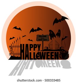 Happy Halloween design. Orange sticker. Concept art. Halloween, cemetery with ghosts, night party. Vector illustration