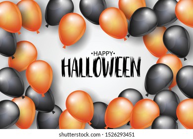 Happy Halloween design page or banner with black and orange helium balloons. Simple realistic vector illustration.