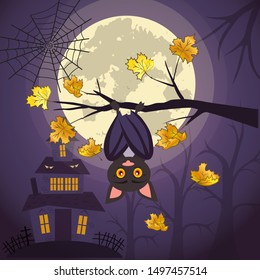 Happy Halloween design. Party or poster and banner with full moon,  bat by night and the castle. Vector illustration for the children