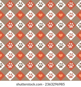 Happy Halloween design plaid check heart pattern with paw prints. Seamless fabric design pattern
