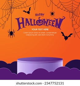 Happy halloween design with podium. Vector background for displaying products. Halloween ready template surrounded by cobwebs.