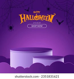 Happy Halloween-Design mit Podium. Vektorhintergrund für die Anzeige von Produkten. Halloween fertige Vorlage umgeben von Spinnweben.