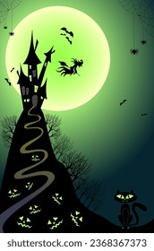 Happy halloween design poster. Colorful background with castle, bats, witch, cat, pumpkins, creepy forest. Vector illustration.
