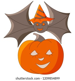 Happy Halloween design. Pumpkin and bat in hat for Halloween Party Night.