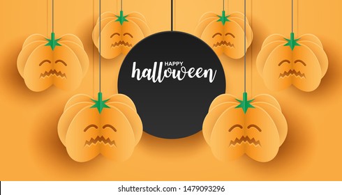 Happy Halloween. Design with pumpkin hanging on orange background. paper art style. Vector.