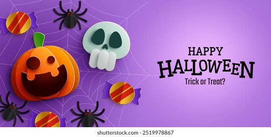 Happy Halloween design with pumpkin, skull, spiders, and candy on a purple background. Vector Illustration