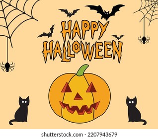 Happy halloween design with pumpkin, spider, cats and bats vector illustrations
