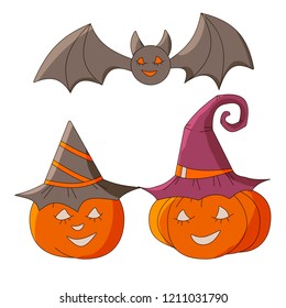 Happy Halloween design. Pumpkins in hat and bat for Halloween Party Night.