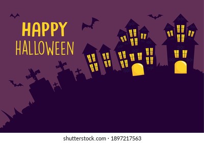 Happy halloween design with scary castles and bats around over purple background, vector illustration