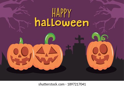 Happy halloween design with scary pumpkins over cemetery silhouette and purple background, vector illustration