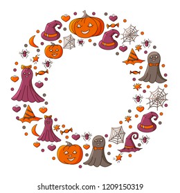 Happy Halloween design. Set of elements (pumpkin, bat, ghost, hat) for Halloween Party Night.