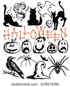 Happy Halloween  design set. Retro holiday badges. Hand drawn isolated emblem. Halloween party sign. Halloween collection illustration, drawing, engraving, ink, line art.