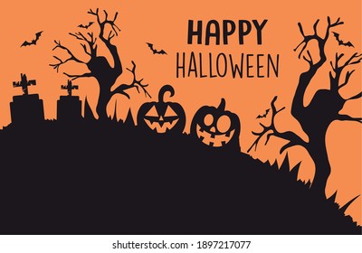 happy halloween design with silhouette of cemetery with graves and pumpkins over orange background, colorful design, vector illustration