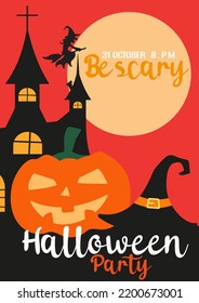 Happy halloween design with silhouette of cemetery with pumpkins over red background. Halloween party vector illustration. Moon, witch hat and witch fly. Castle