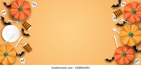 Happy Halloween. Design with spoon, dish, fork , knife , paper glass ,tableware ,bat and pumpkin on orange background. Vector. illustration.