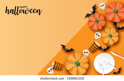 Happy Halloween. Design with spoon, dish, fork , knife , paper glass ,tableware ,bat and pumpkin on orange background. Vector. illustration.