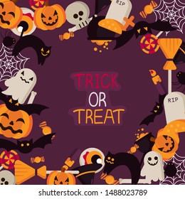Happy Halloween design in square frame for banner, poster, greeting card background with trick or treat concept.Vector Flat illustration