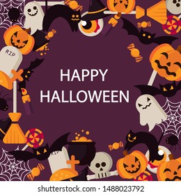 Happy Halloween design in square frame for banner, poster, greeting card background.Vector Flat illustration