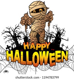 Happy Halloween Design template with mummy on white isolated background. Vector illustration.