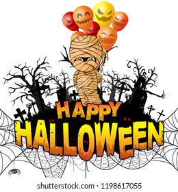 Happy Halloween Design template with mummy on white isolated background. Vector illustration.