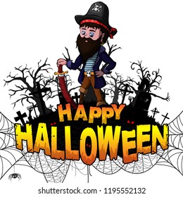 Happy Halloween Design template with Pirate on white isolated background. Vector illustration.