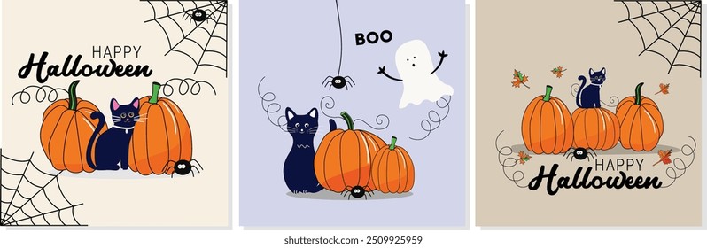 Happy  Halloween design template for postcards, gift cards, brochures, and flyers. Pumpkins, black cat, spider, ghost vector.