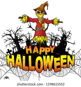 Happy Halloween Design template with scarecrow on white isolated background. Vector illustration.
