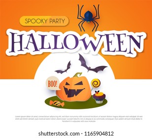 Happy Halloween Design Template with Smilling Pumplin, Candy, Spider and Bats. Vector illustration