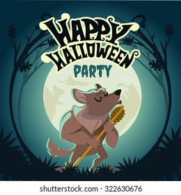 Happy halloween design template with werewolf hawling at the moon in the night. Halloween party invitation template. Vector illustration