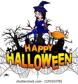 Happy Halloween design template with witch on white isolated background. Vector illustration.