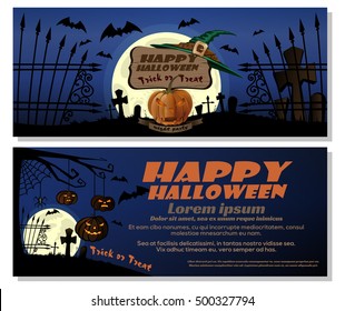 Happy Halloween design. Trick or treat. Full moon over the cemetery, jack-o'-lantern, pumpkin, witch hat. Vector horizontal leaflet, flyer, banner template