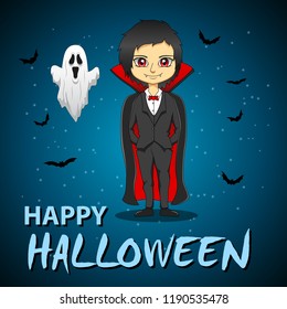 Happy halloween. Design of vampire with ghost and dark background. Vector illustration