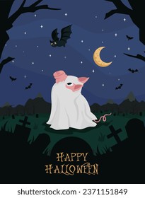 Happy Halloween design - Vector Illustration. Cute pig dressed as ghost looking at bat.