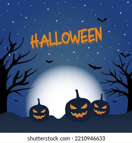 Happy Halloween design vector with moonlight, bats and, valley, halloween pumpkin and tree.